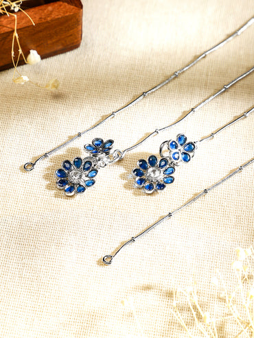 Rubans Set of 2 Oxidised Silver-Plated Blue Kundan Floral Charm Anklets