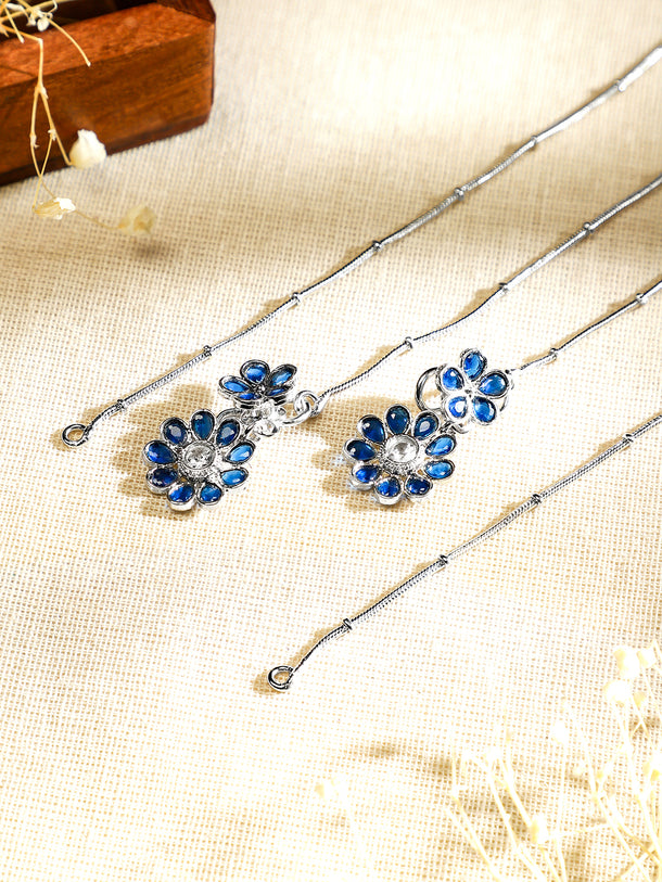 Rubans Set of 2 Oxidised Silver-Plated Blue Kundan Floral Charm Anklets
