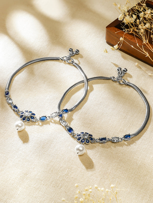 Rubans Set of 2 Oxidised Silver-Plated Blue & White Kundan Stone Anklets with Pearl Accents