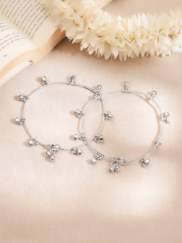 Set of 2 Rhodium Plated Ghungroo Charm Anklets