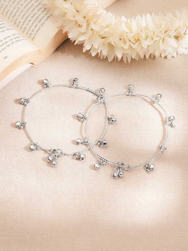 Set of 2 Rhodium Plated Ghungroo Charm Anklets