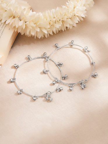 Set of 2 Rhodium Plated Ghungroo Charm Anklets