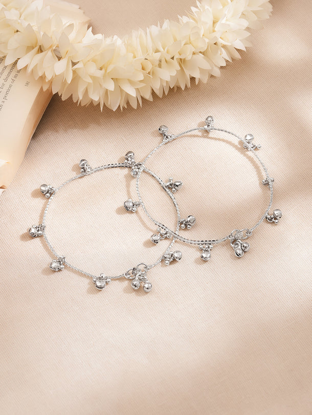 Set of 2 Rhodium Plated Ghungroo Charm Anklets