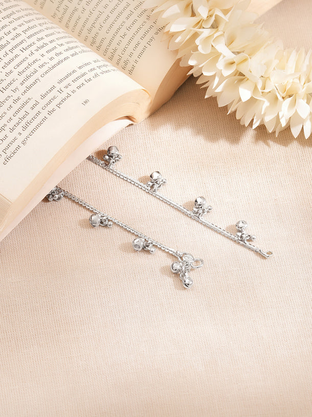 Set of 2 Rhodium Plated Ghungroo Charm Anklets