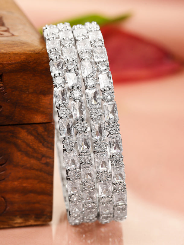 Rubans Set of 2 Rhodium-Plated Crystal White AD & Cubic Zirconia Studded Premium Bangles