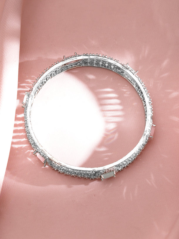 Set of 2 Rhodium-Plated Light Pink & Mint Green Gemstone CubicZirconia Studed Bangle