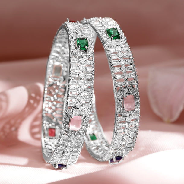Set of 2 Rhodium-Plated Multicolor Gemstone & Cubic Zirconia Studded Bangles