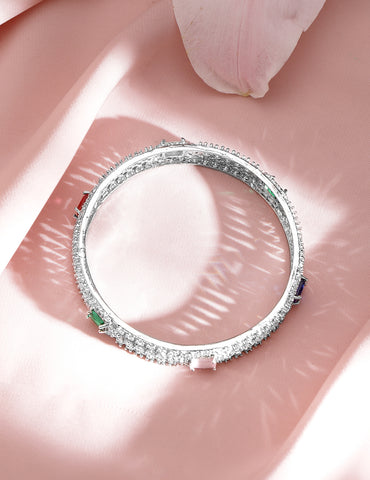 Set of 2 Rhodium-Plated Multicolor Gemstone & Cubic Zirconia Studded Bangles