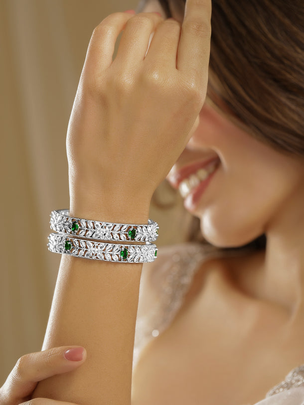 Set of 2 Rhodium-Plated Emerald Green Gemstone & Cubic Zirconia Studded Bangles