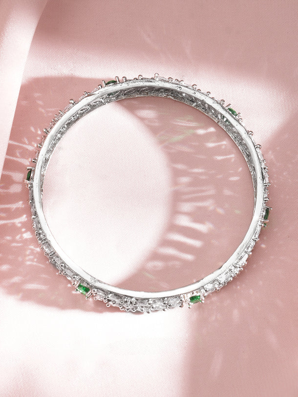 Set of 2 Rhodium-Plated Emerald Green Gemstone & Cubic Zirconia Studded Bangles