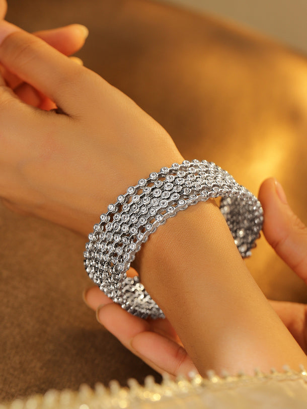 Rubans Set Of 6 Rhodium-Plated Cubic Zirconia Studded Classics Bangles in Silver Tone for Women