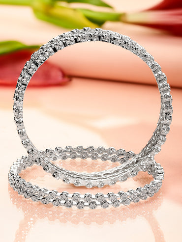 Rubans Set Of 6 Rhodium-Plated Cubic Zirconia Studded Classics Bangles in Silver Tone for Women