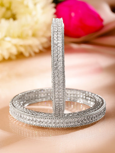 Rubans Set of 2 Rhodium-Plated White Cubic Zirconia Studded Luxe Bangles for Women