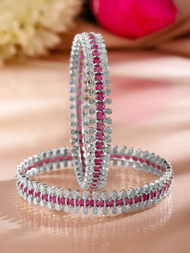 Rubans Set of 2 Rhodium-Plated Ruby Pink & White Cubic Zirconia Studded Luxe Bangles