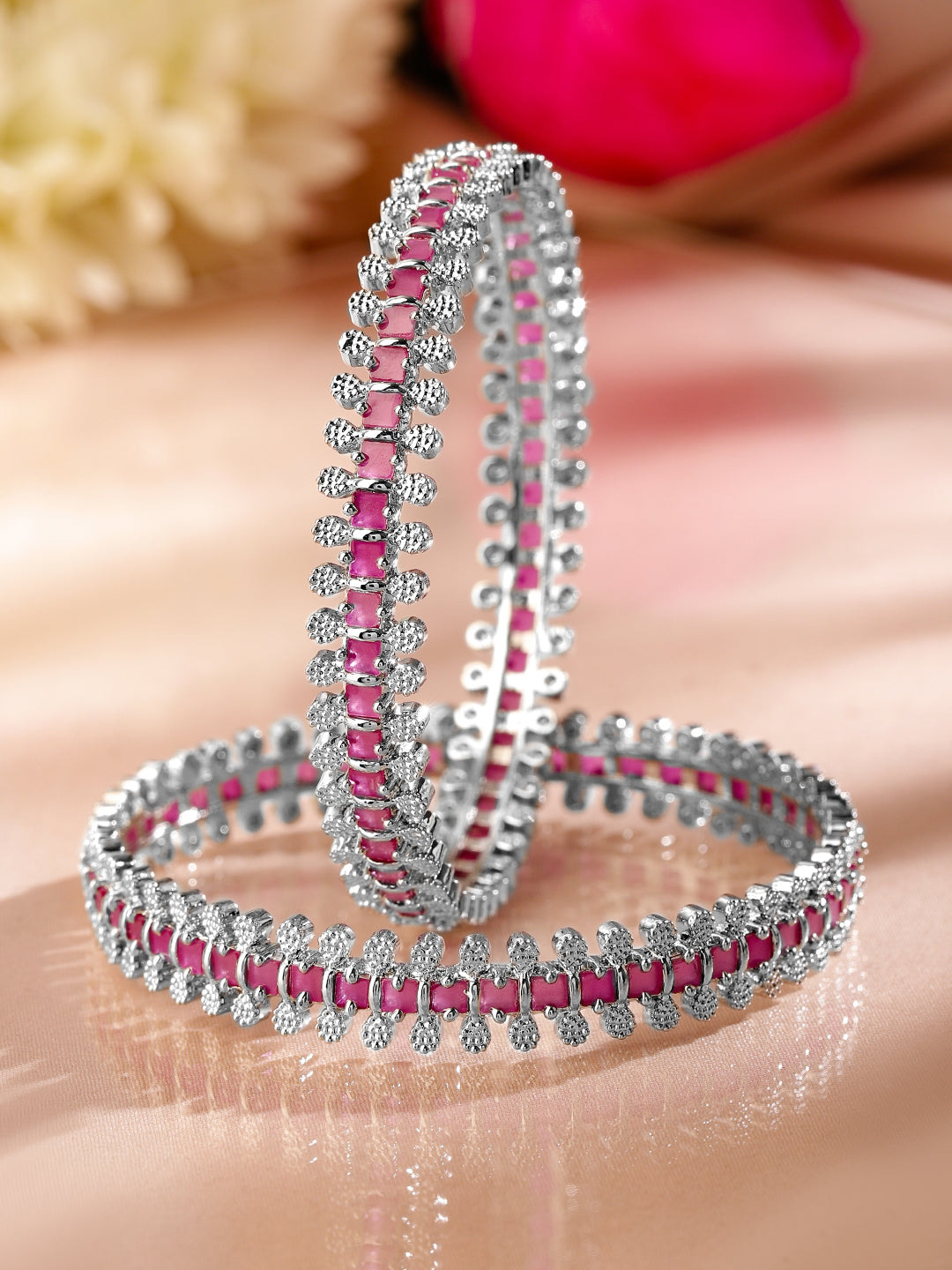 Rubans Set of 2 Rhodium-Plated Ruby Pink & White Cubic Zirconia Studded Luxe Bangles