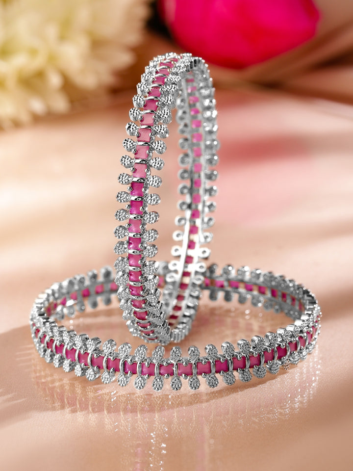 Rubans Set of 2 Rhodium-Plated Ruby Pink & White Cubic Zirconia Studded Luxe Bangles
