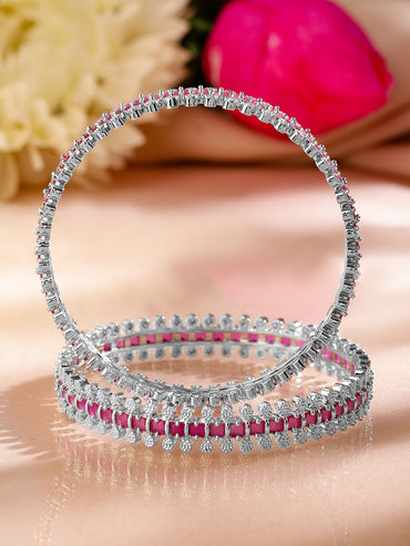 Rubans Set of 2 Rhodium-Plated Ruby Pink & White Cubic Zirconia Studded Luxe Bangles
