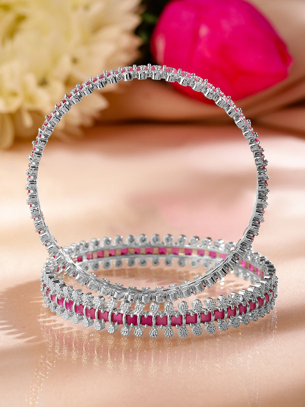 Rubans Set of 2 Rhodium-Plated Ruby Pink & White Cubic Zirconia Studded Luxe Bangles