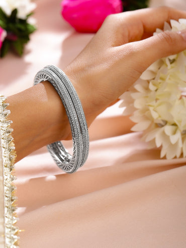 Rubans Set of 2 Rhodium-Plated White Cubic Zirconia Studded Classic Premium Bangles for Women