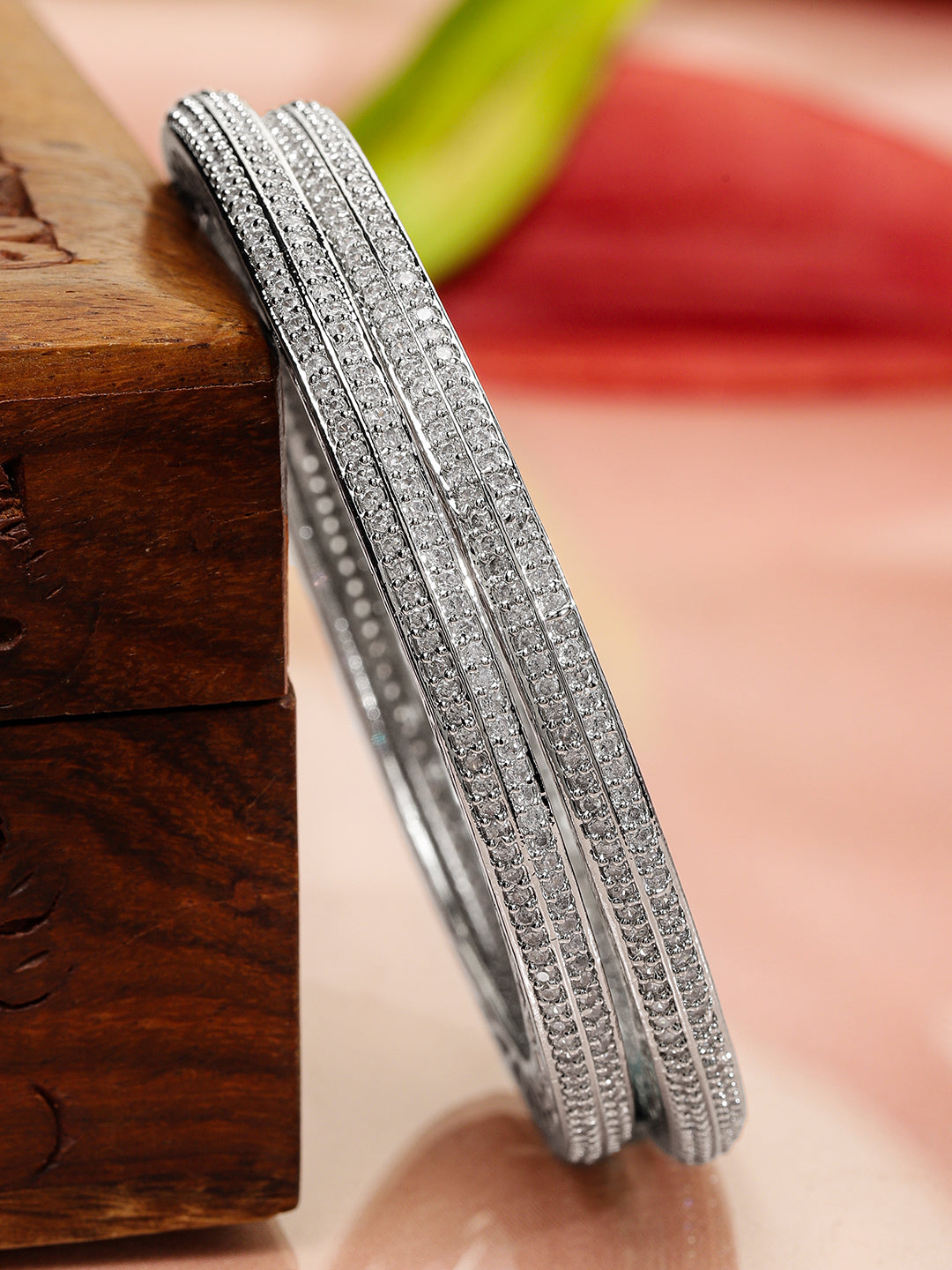 Rubans Set of 2 Rhodium-Plated White Cubic Zirconia Studded Classic Premium Bangles for Women