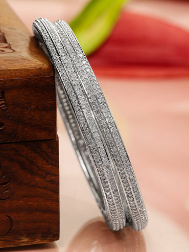 Rubans Set of 2 Rhodium-Plated White Cubic Zirconia Studded Classic Premium Bangles for Women