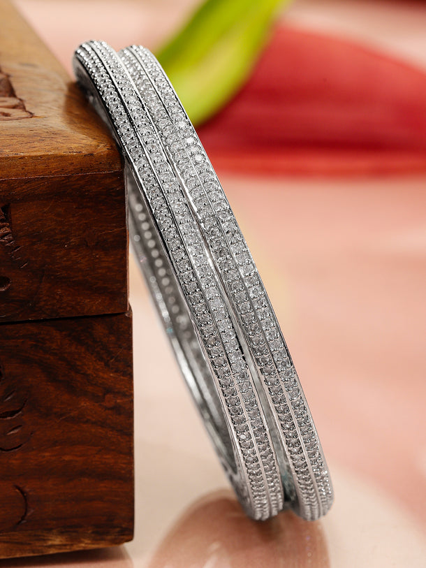 Rubans Set of 2 Rhodium-Plated White Cubic Zirconia Studded Classic Premium Bangles for Women