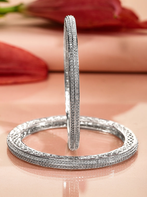 Rubans Set of 2 Rhodium-Plated White Cubic Zirconia Studded Classic Premium Bangles for Women
