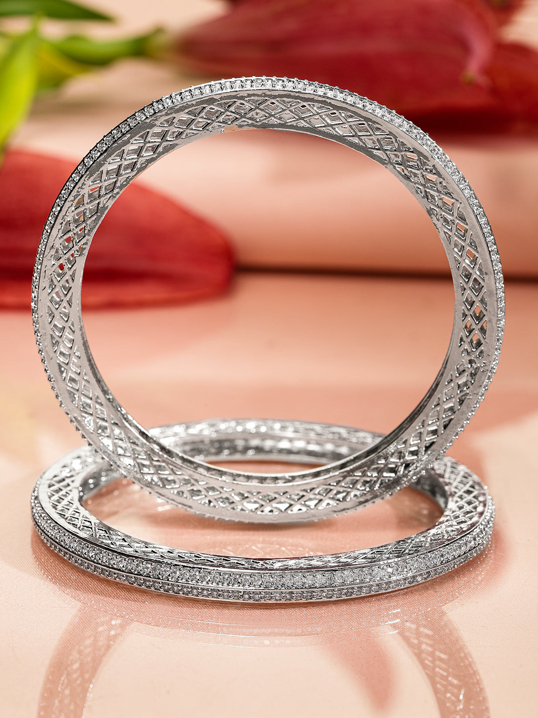 Rubans Set of 2 Rhodium-Plated White Cubic Zirconia Studded Classic Premium Bangles for Women