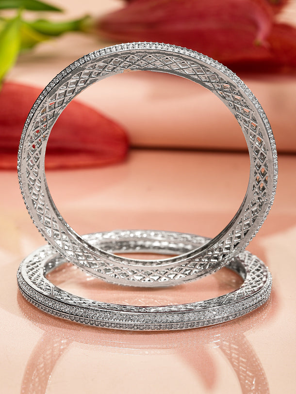 Rubans Set of 2 Rhodium-Plated White Cubic Zirconia Studded Classic Premium Bangles for Women