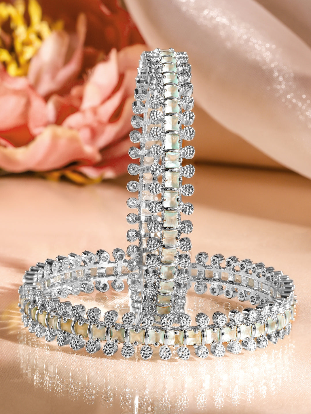 Rubans Set of 2 Rhodium-Plated White & Mint Green Cubic Zirconia Studded Handcrafted Luxe Bangles