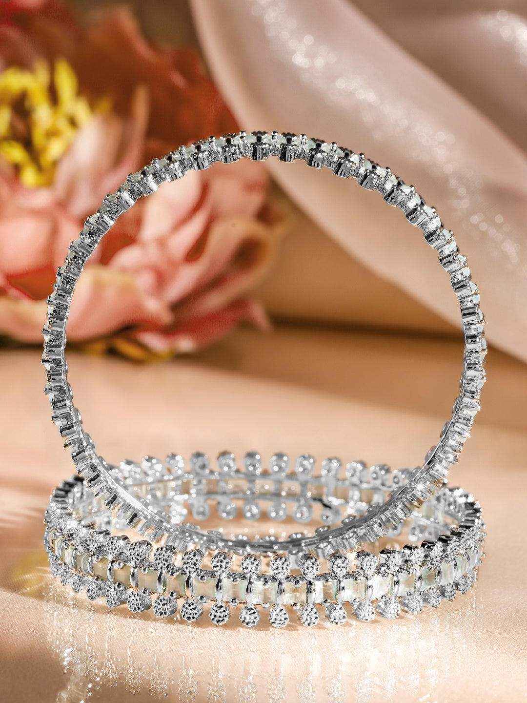 Rubans Set of 2 Rhodium-Plated White & Mint Green Cubic Zirconia Studded Handcrafted Luxe Bangles