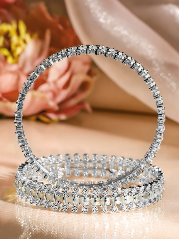 Rubans Set of 2 Rhodium-Plated White & Mint Green Cubic Zirconia Studded Handcrafted Luxe Bangles