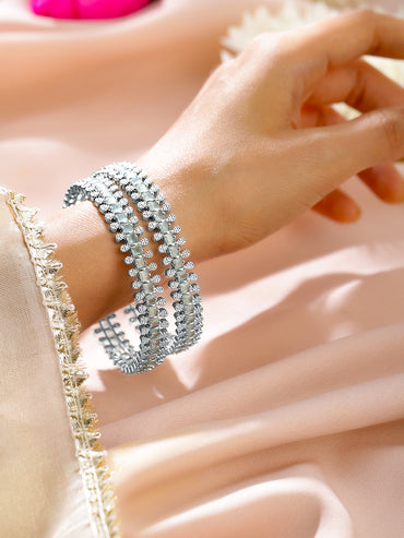 Rubans Set of 2 Rhodium-Plated White & Mint Green Cubic Zirconia Studded Handcrafted Luxe Bangles