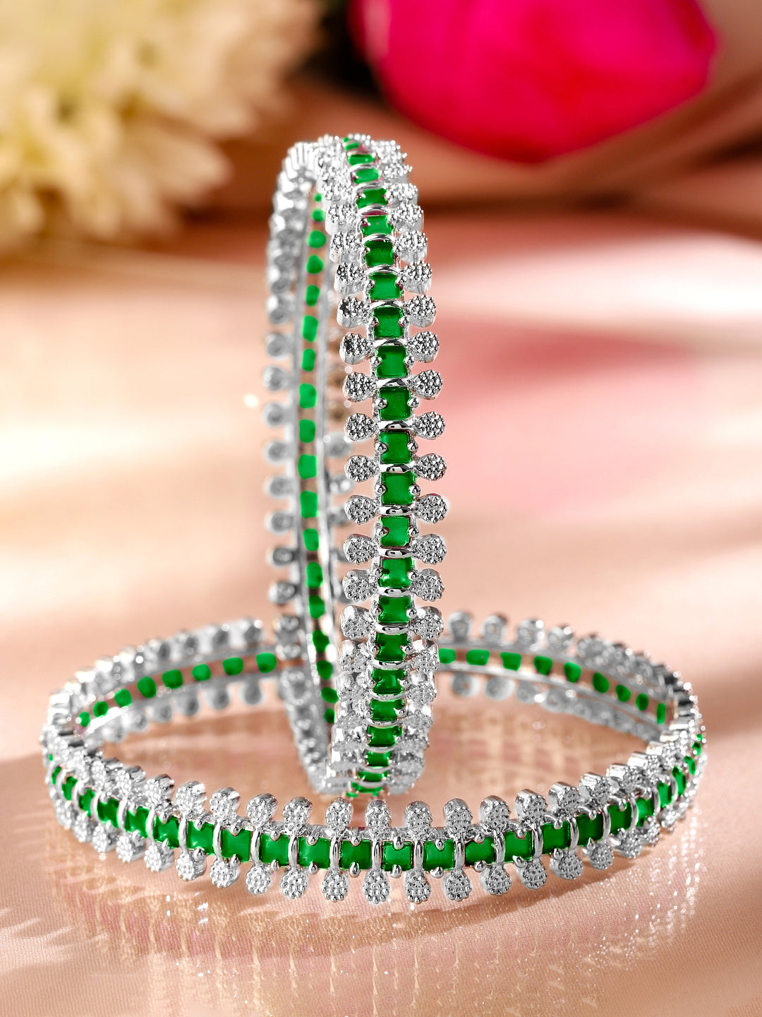 Rubans Set of 2 Rhodium-Plated Emerald Green & White Cubic Zirconia Studded Luxe Bangles