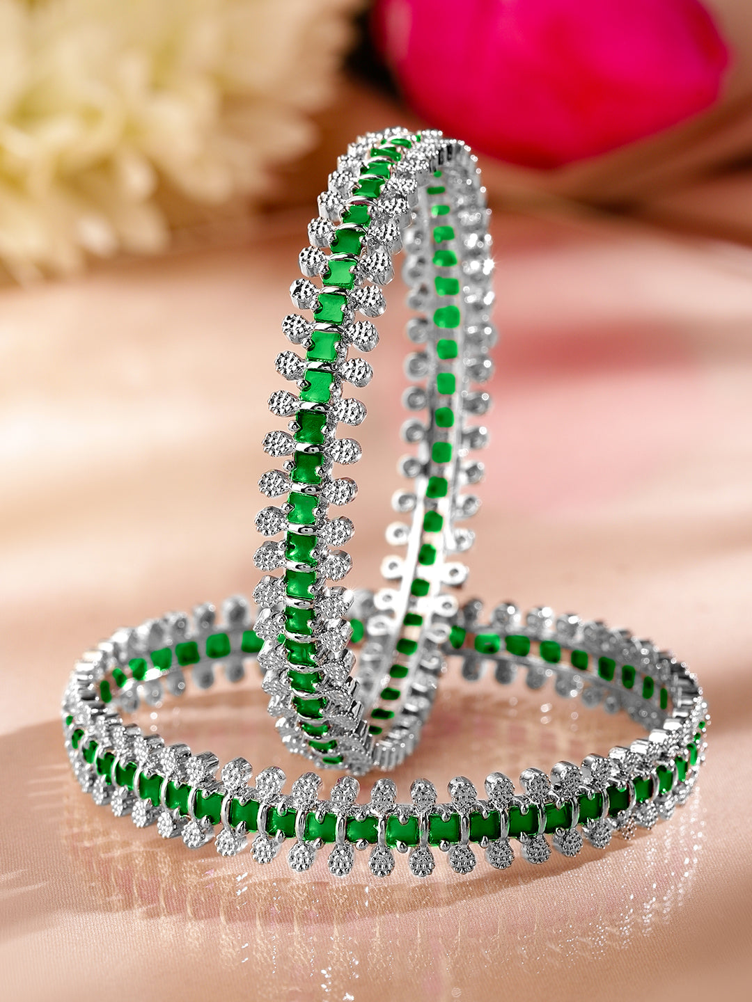 Rubans Set of 2 Rhodium-Plated Emerald Green & White Cubic Zirconia Studded Luxe Bangles