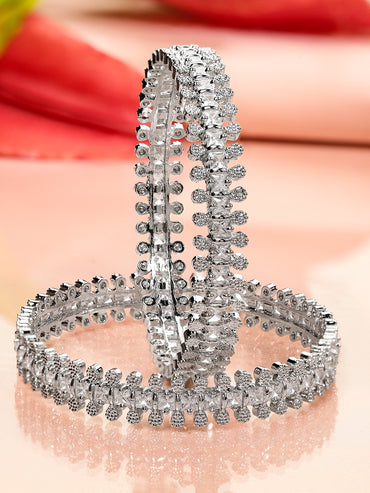Rubans Set of 2 Rhodium-Plated White Cubic Zirconia Studded Handcrafted Luxe Bangles for Women