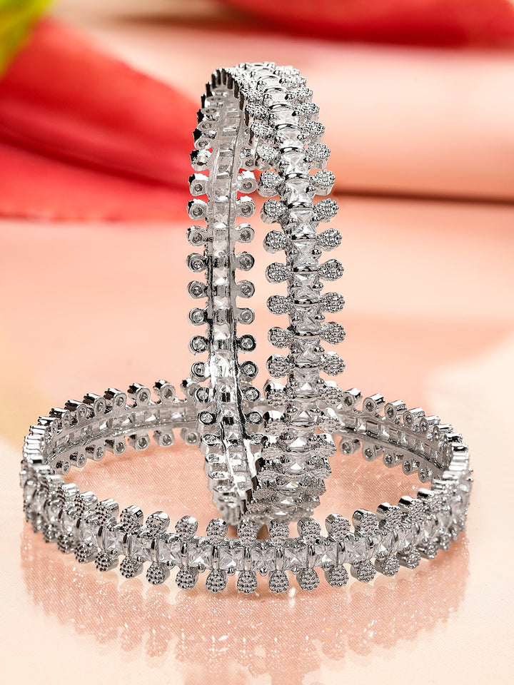 Rubans Set of 2 Rhodium-Plated White Cubic Zirconia Studded Handcrafted Luxe Bangles for Women