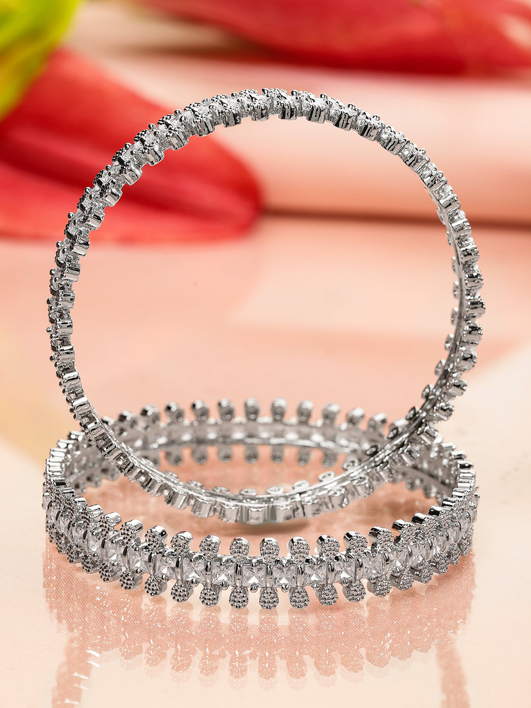 Rubans Set of 2 Rhodium-Plated White Cubic Zirconia Studded Handcrafted Luxe Bangles for Women