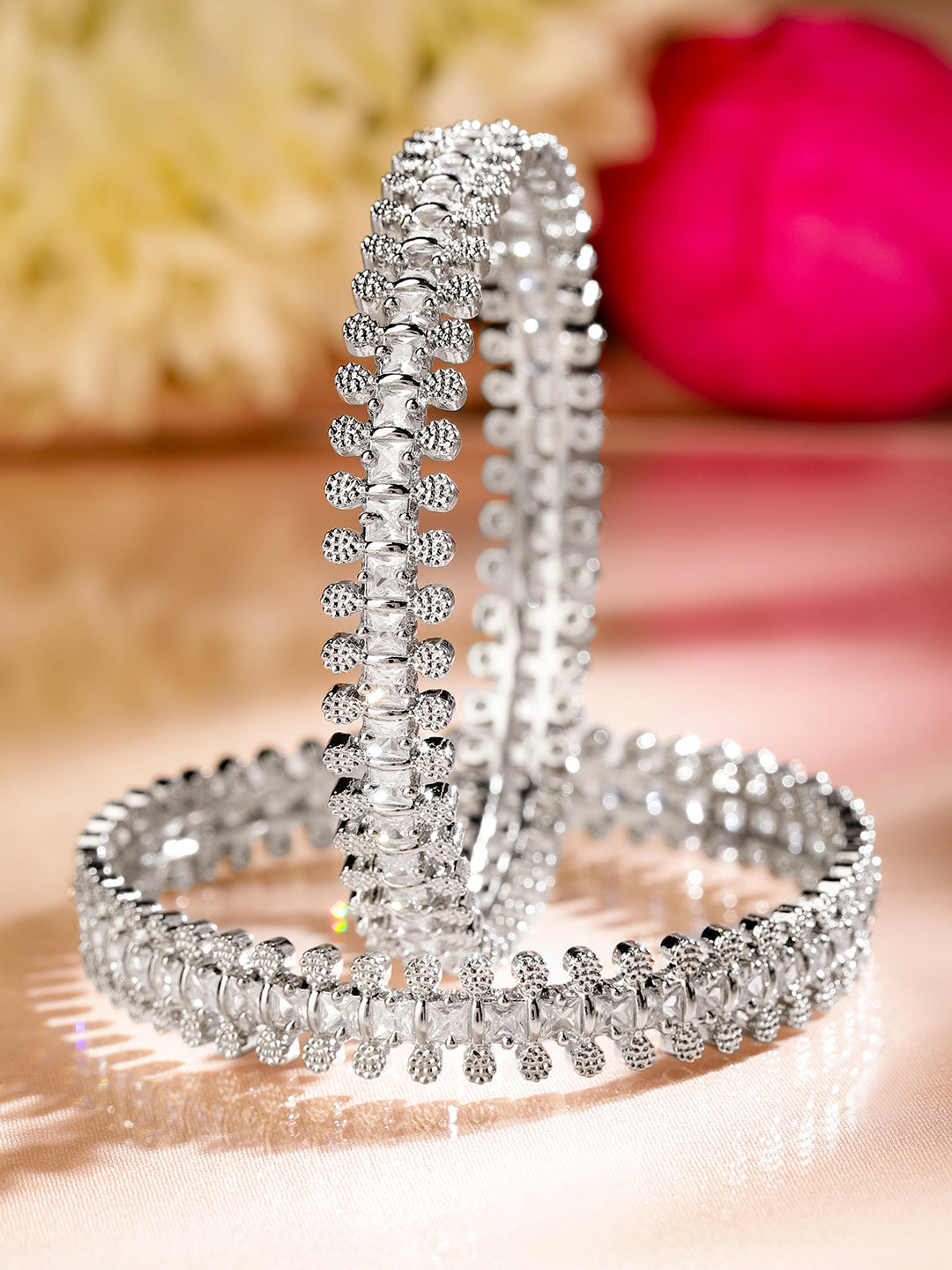 Rubans Set of 2 Rhodium-Plated White Cubic Zirconia Studded Handcrafted Luxe Bangles