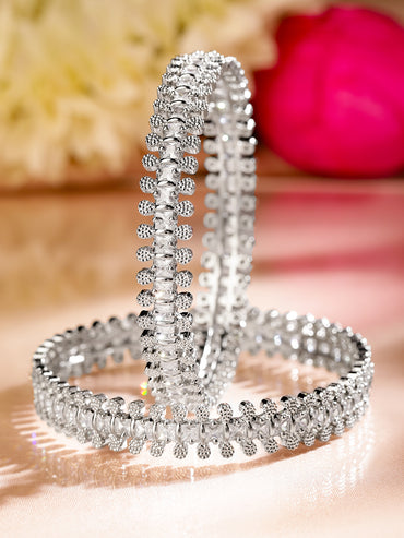 Rubans Set of 2 Rhodium-Plated White Cubic Zirconia Studded Handcrafted Luxe Bangles
