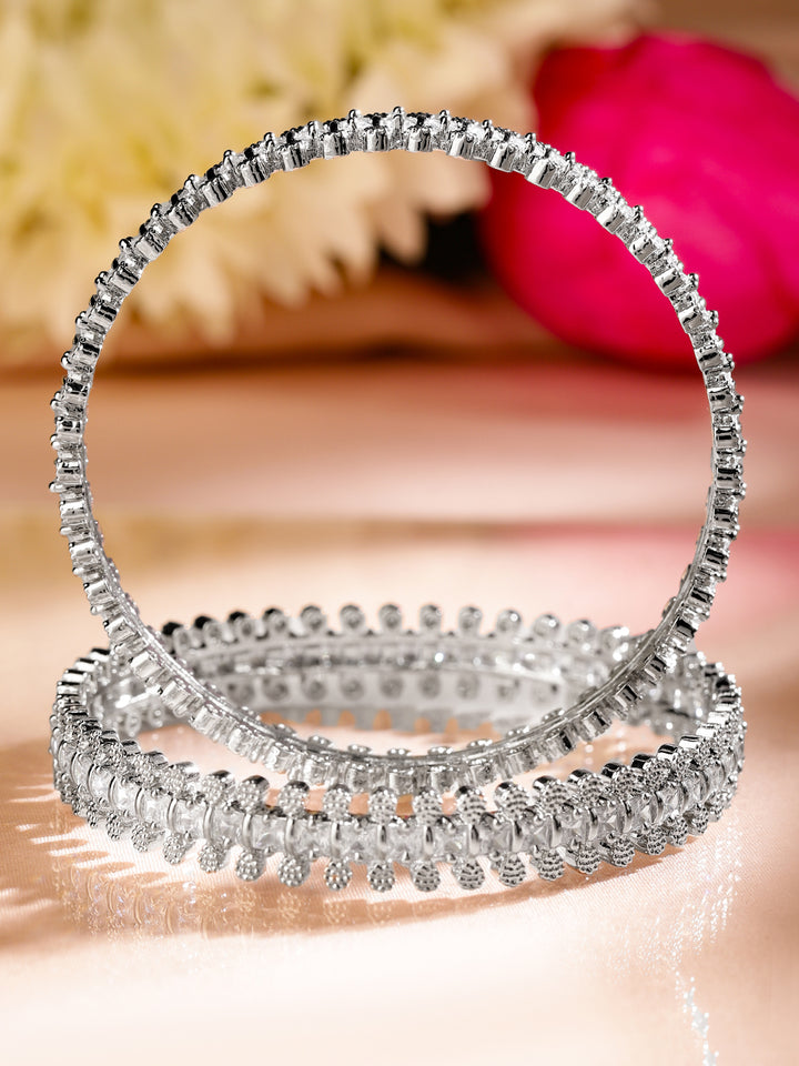 Rubans Set of 2 Rhodium-Plated White Cubic Zirconia Studded Handcrafted Luxe Bangles