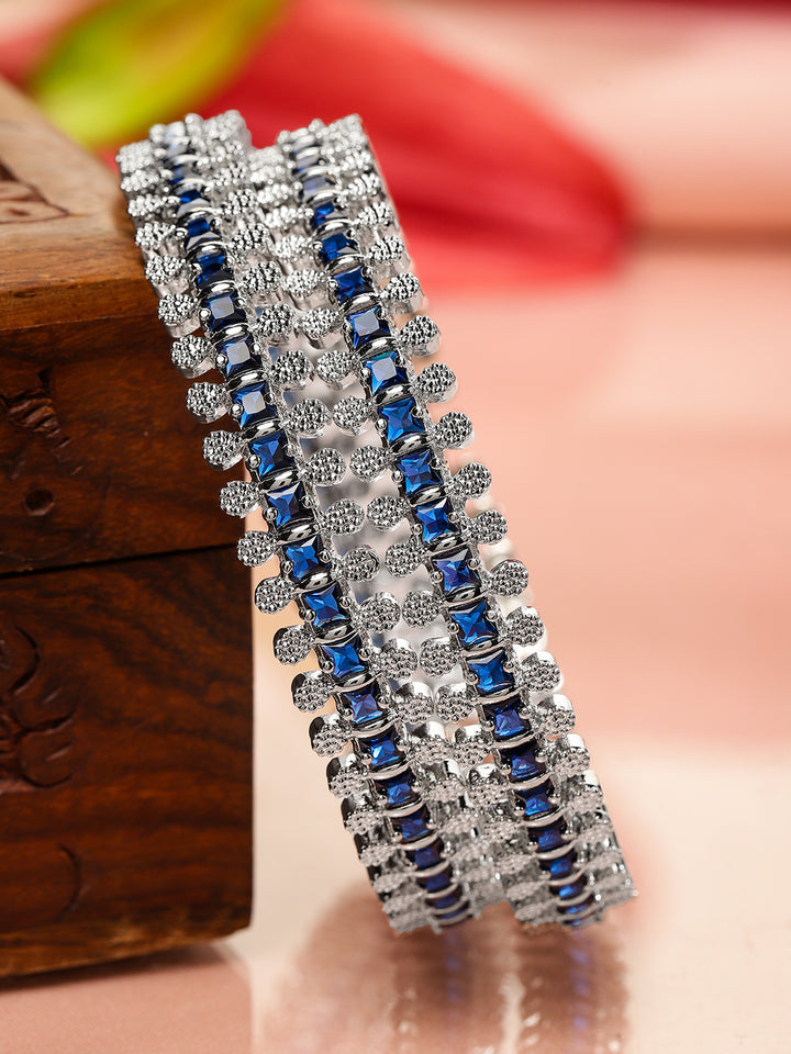 Rubans Set of 2 Rhodium-Plated Blue & White Cubic Zirconia Studded Handcrafted Luxe Bangles for Women