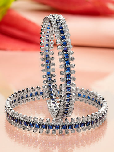 Rubans Set of 2 Rhodium-Plated Blue & White Cubic Zirconia Studded Handcrafted Luxe Bangles for Women