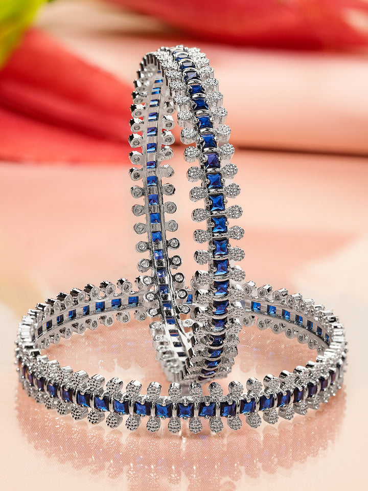Rubans Set of 2 Rhodium-Plated Blue & White Cubic Zirconia Studded Handcrafted Luxe Bangles for Women