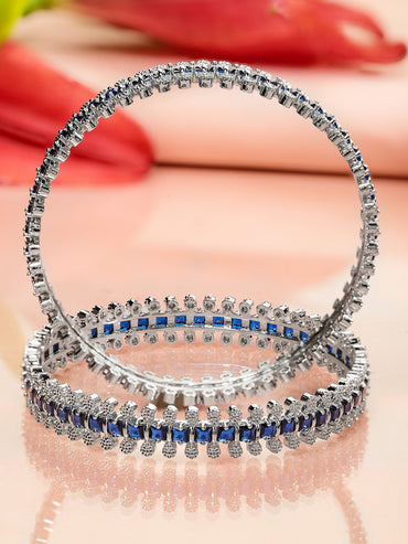 Rubans Set of 2 Rhodium-Plated Blue & White Cubic Zirconia Studded Handcrafted Luxe Bangles for Women