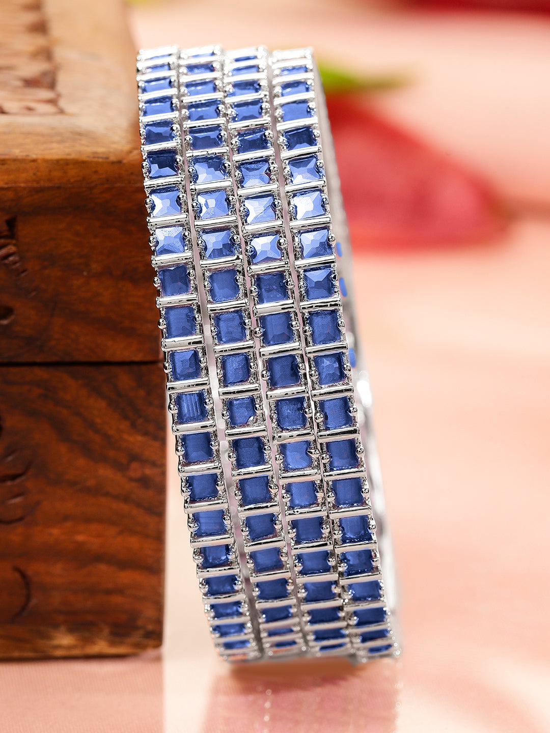 Rubans Set of 4 Rhodium-Plated Blue Cubic Zirconia Studded Handcrafted Premium Bangles for Women