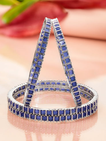 Rubans Set of 4 Rhodium-Plated Blue Cubic Zirconia Studded Handcrafted Premium Bangles for Women