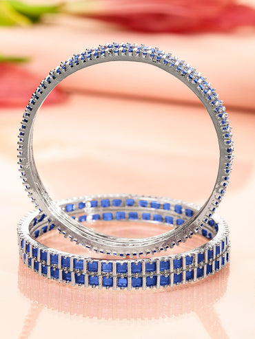 Rubans Set of 4 Rhodium-Plated Blue Cubic Zirconia Studded Handcrafted Premium Bangles for Women
