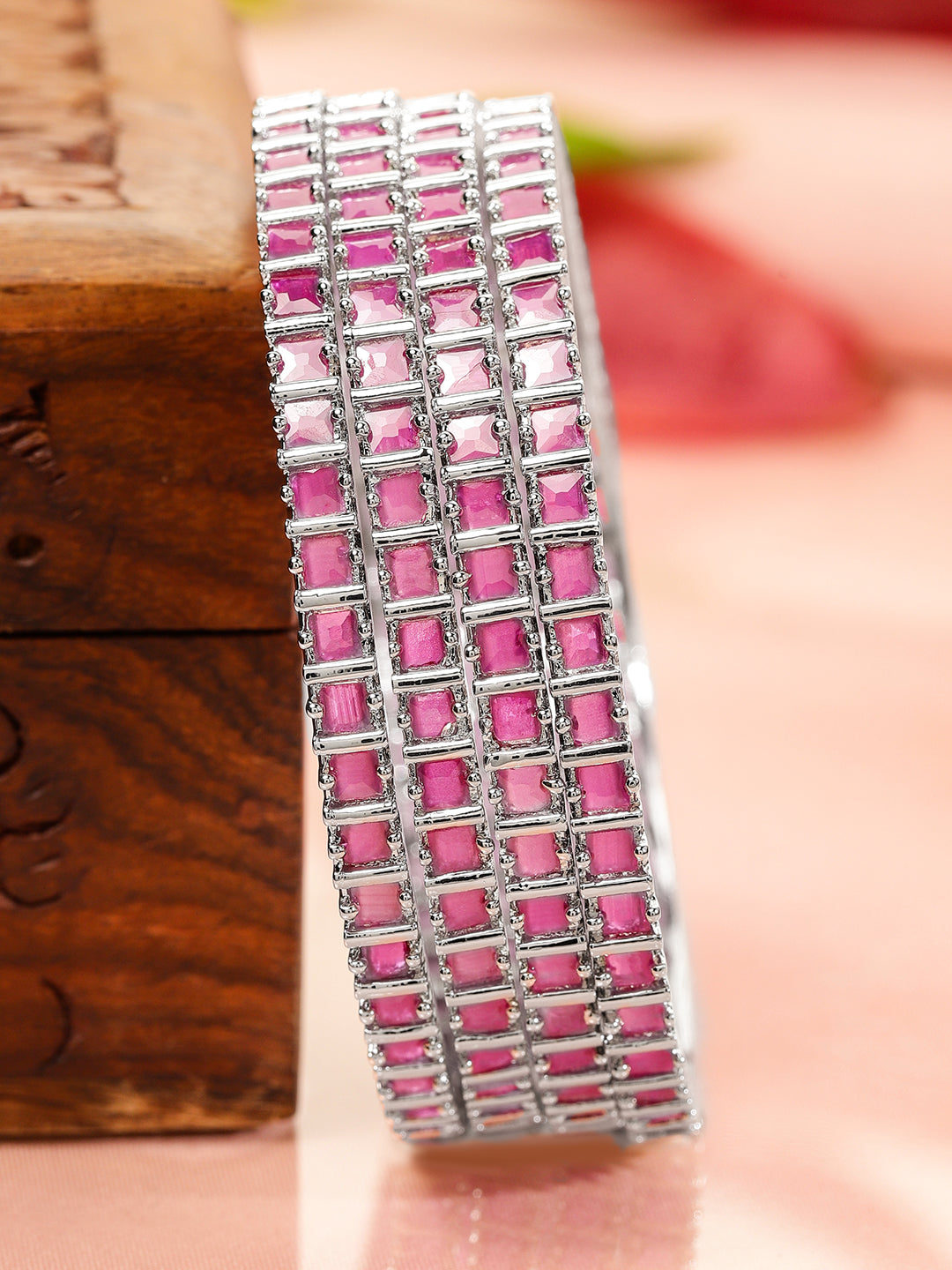 Rubans Set of 4 Rhodium-Plated Ruby Pink Cubic Zirconia Studded Handcrafted Premium Bangles for Women