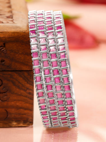 Rubans Set of 4 Rhodium-Plated Ruby Pink Cubic Zirconia Studded Handcrafted Premium Bangles for Women